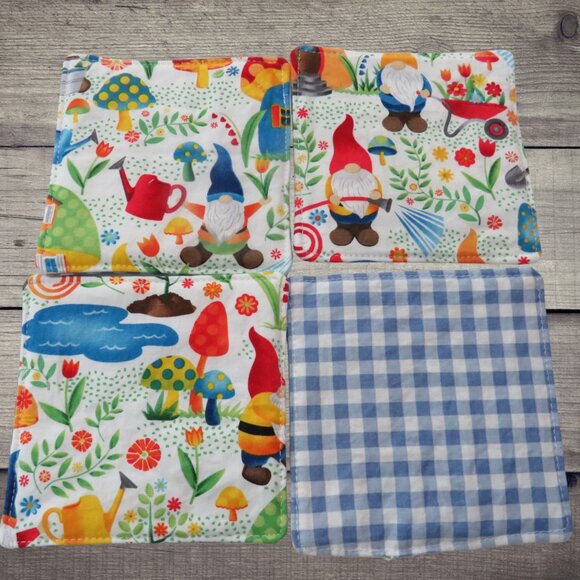 Fabric Coasters, Set Of 4, Reversible Gnomes and Blue Gingham - Picture 1 of 5